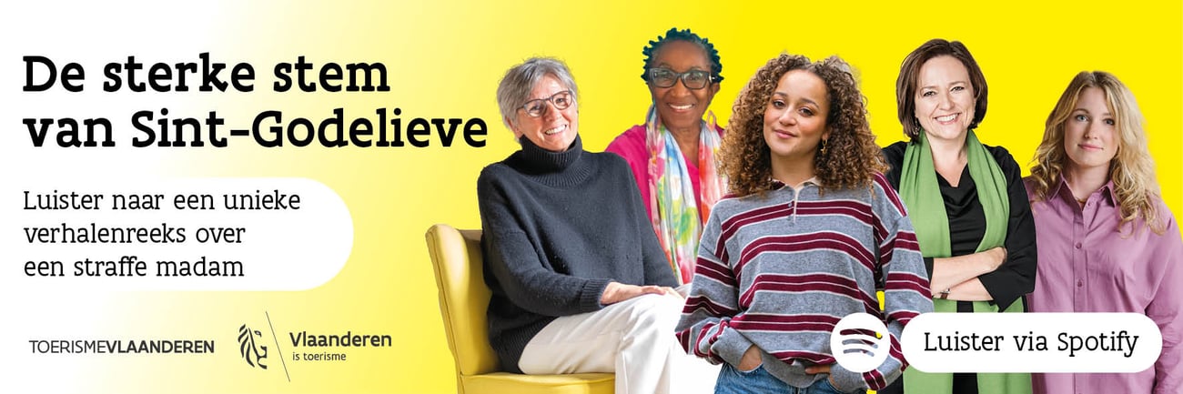 de 5 vrouwen die de verhalenreeks over Sint-Godelieve inspreken naast elkaar de 5 vrouwen die de verhalenreeks over Sint-Godelieve inspreken naast elkaar