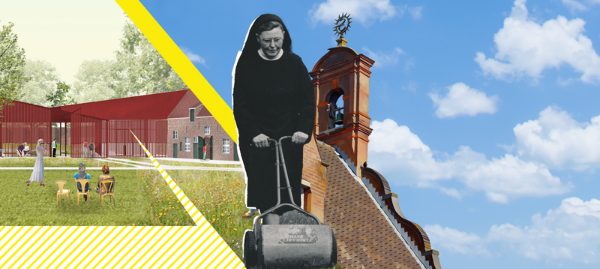 Sfeerbeeld van de herbestemming van de Sint‑Godelieveabdij. De illustratie combineert historische abdij-elementen met de toekomstige invulling van de site. Sfeerbeeld van de herbestemming van de Sint‑Godelieveabdij. De illustratie combineert historische abdij-elementen met de toekomstige invulling van de site.